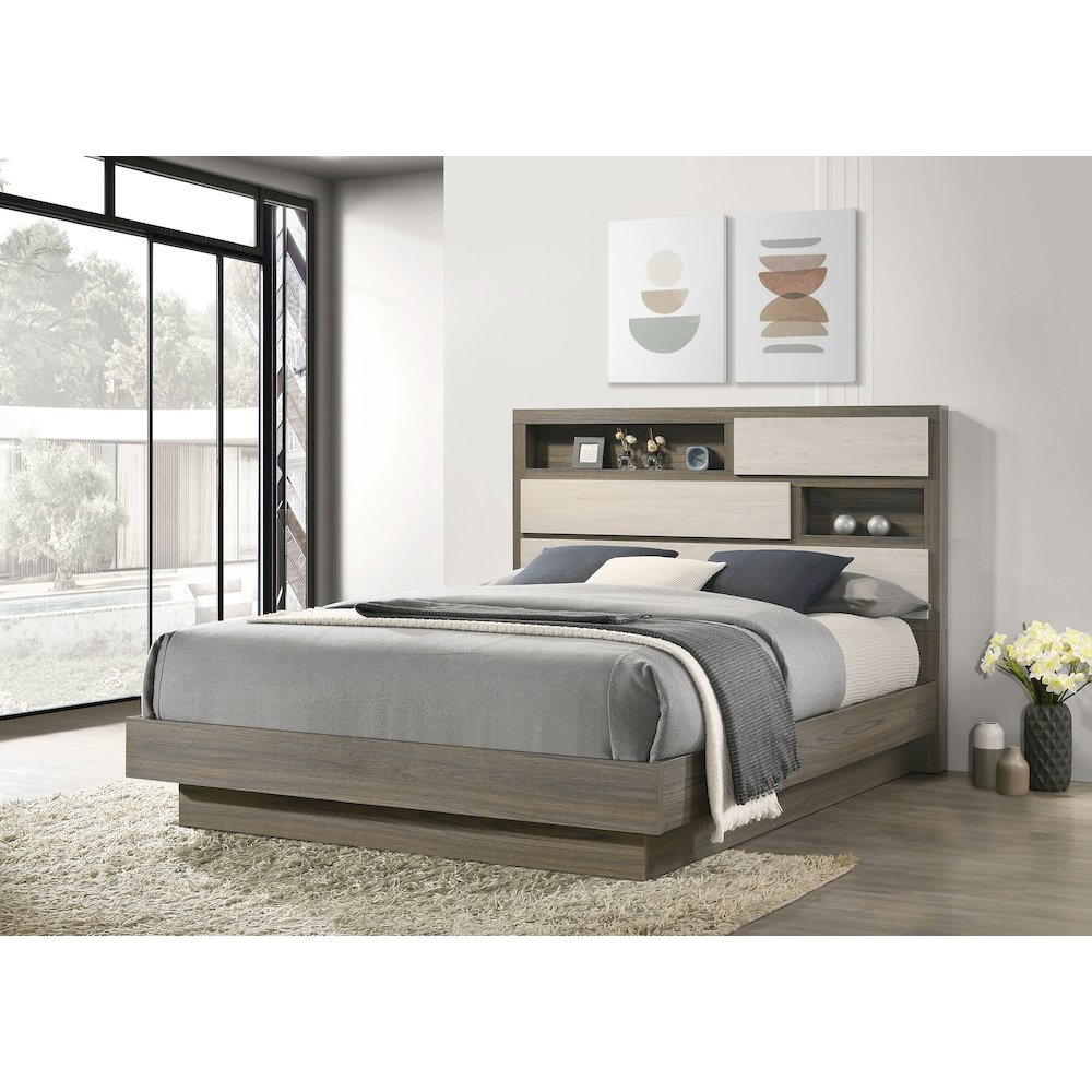 Buy farmhouse furniture Fenwick Queen Bed Bookcase Headboard Grey Oak - Modern Cottage Farmhouse Furniture