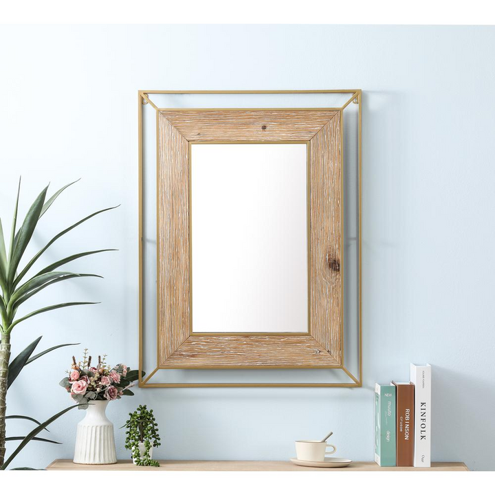 Buy farmhouse furniture Gold Metal and Natural Wood Rectangular Frame Accent Wall Mirror - Modern Cottage Farmhouse Furniture