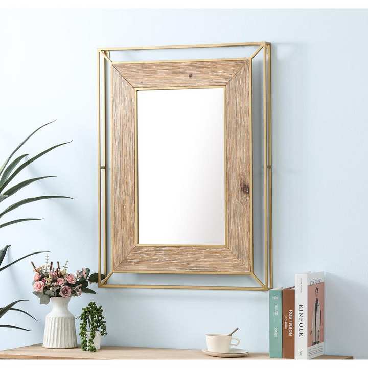 Buy farmhouse furniture Gold Metal and Natural Wood Rectangular Frame Accent Wall Mirror - Modern Cottage Farmhouse Furniture