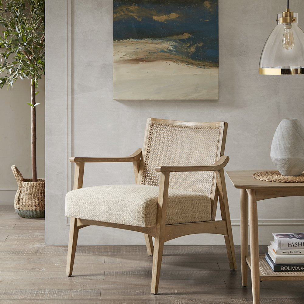 Buy farmhouse furniture Amalfi Coast Cane Back Accent Chair | Beige Upholstered | Mid-Century Coastal Lounge Chair - Modern Cottage Farmhouse Furniture