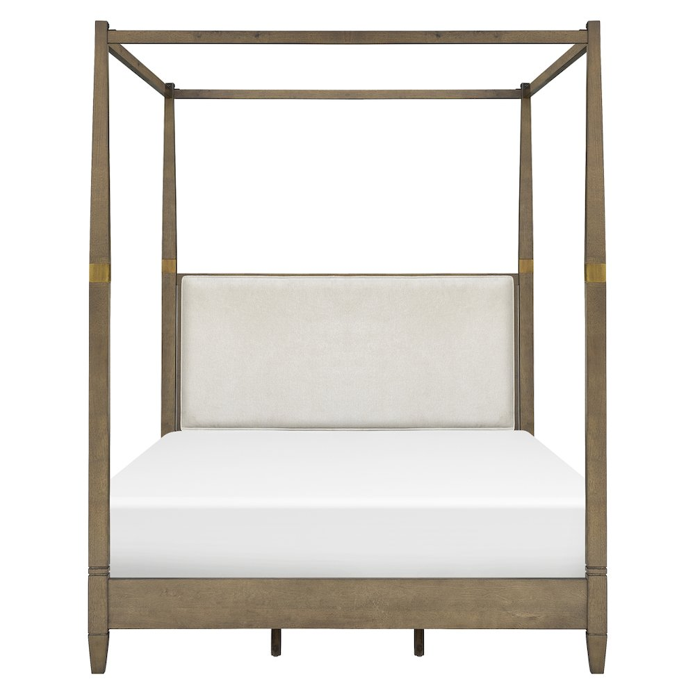 Buy farmhouse furniture Amber Farmhouse Queen Canopy Bed | Solid Wood with Upholstered Headboard &amp; Gold Accents - Modern Cottage Farmhouse Furniture