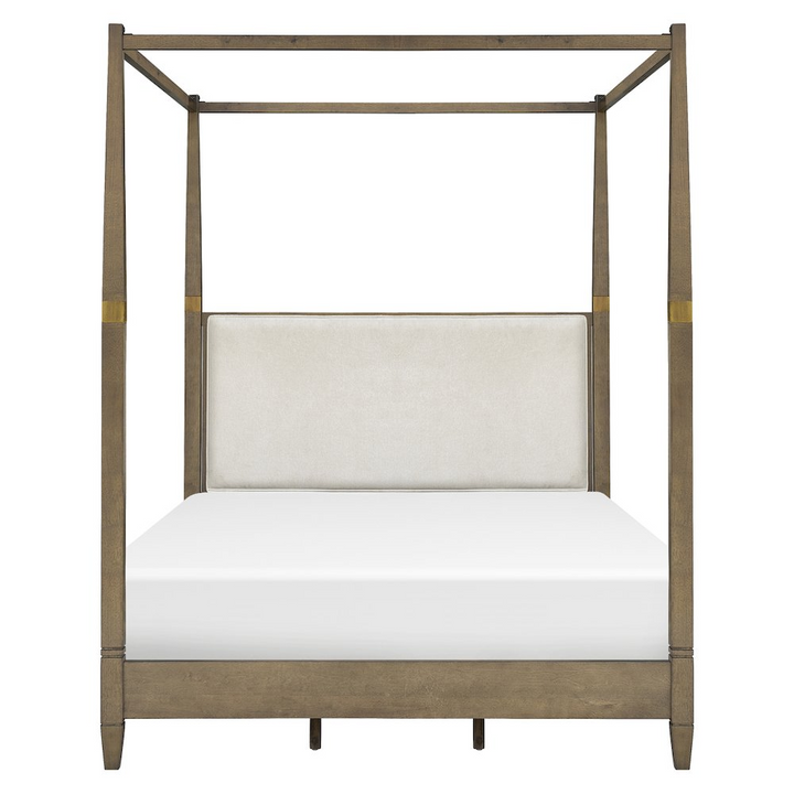 Buy farmhouse furniture Amber Farmhouse Queen Canopy Bed | Solid Wood with Upholstered Headboard &amp; Gold Accents - Modern Cottage Farmhouse Furniture