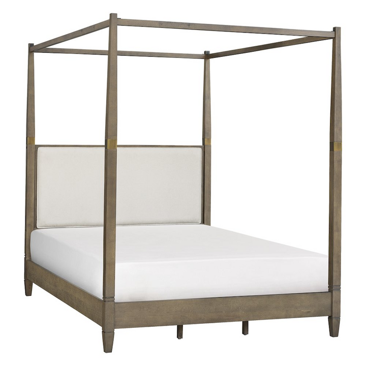 Buy farmhouse furniture Amber Farmhouse Queen Canopy Bed | Solid Wood with Upholstered Headboard &amp; Gold Accents - Modern Cottage Farmhouse Furniture