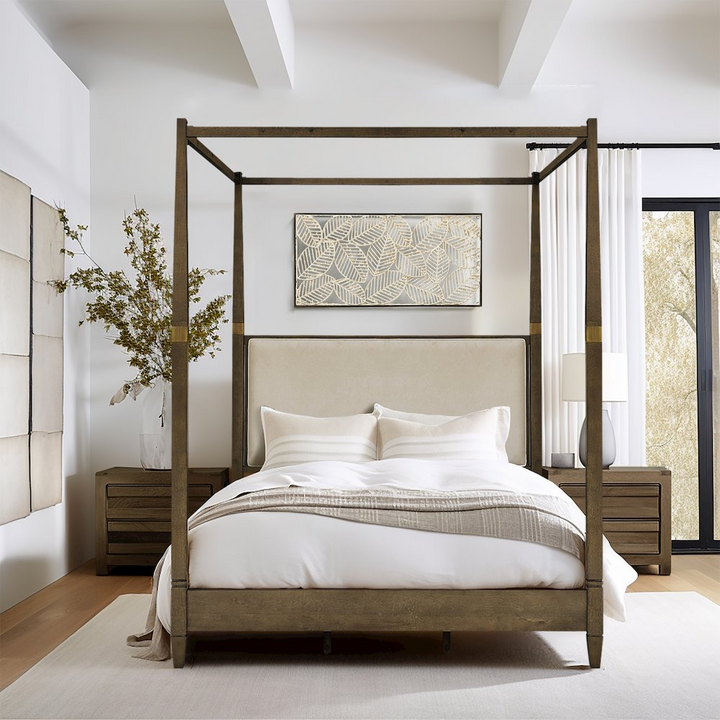 Buy farmhouse furniture Amber Farmhouse Queen Canopy Bed | Solid Wood with Upholstered Headboard &amp; Gold Accents - Modern Cottage Farmhouse Furniture