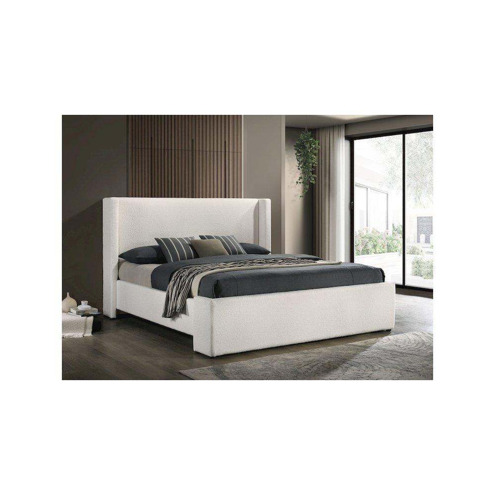 Buy farmhouse furniture Alamosa White Boucle Platform Bed | Wingback Upholstered Eastern King Bed Frame - Modern Cottage Farmhouse Furniture