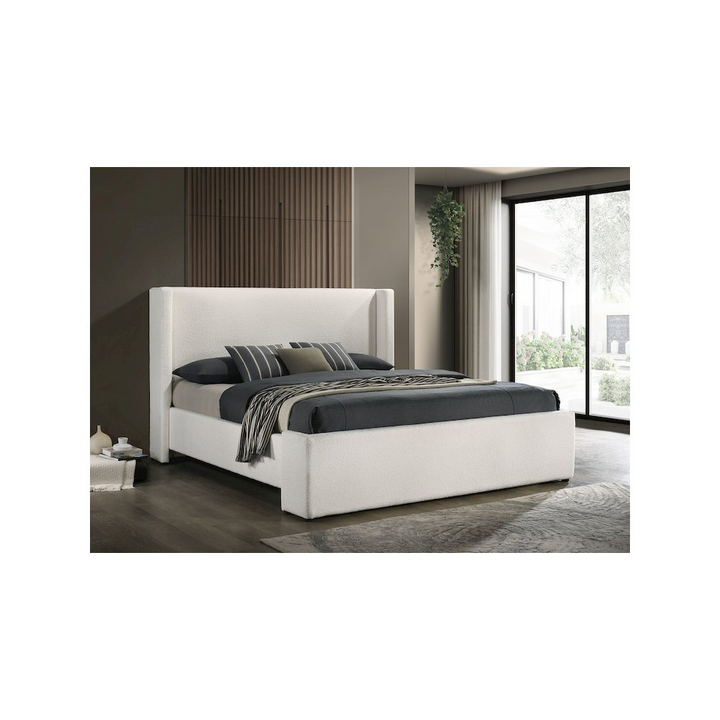 Buy farmhouse furniture Alamosa White Boucle Platform Bed | Wingback Upholstered Eastern King Bed Frame - Modern Cottage Farmhouse Furniture