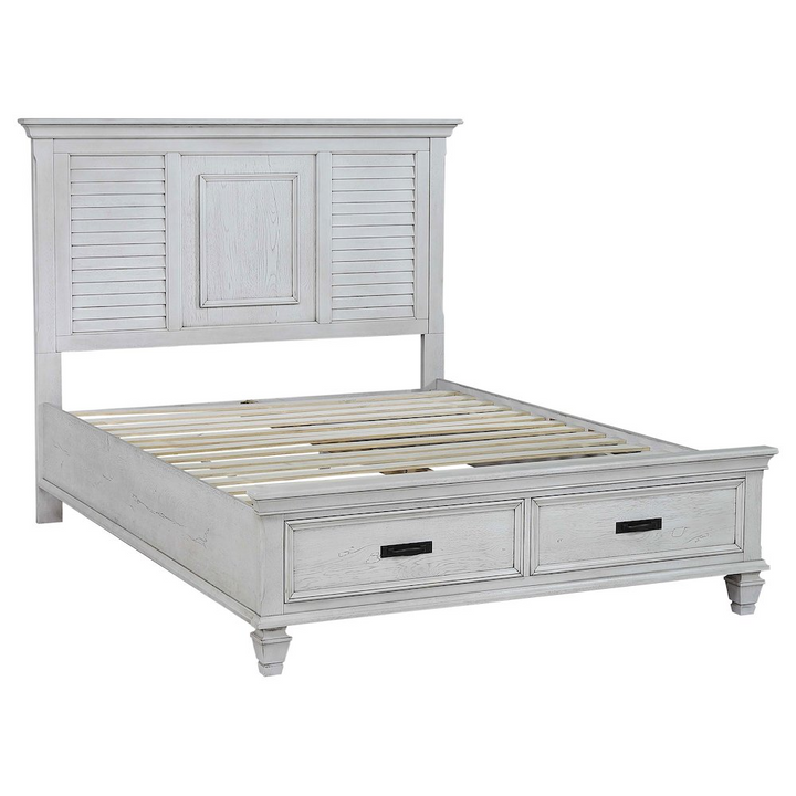 Buy farmhouse furniture Franco Distressed White Wood Mediterranean Farmhouse King Storage Panel Bed Frame - Modern Cottage Farmhouse Furniture