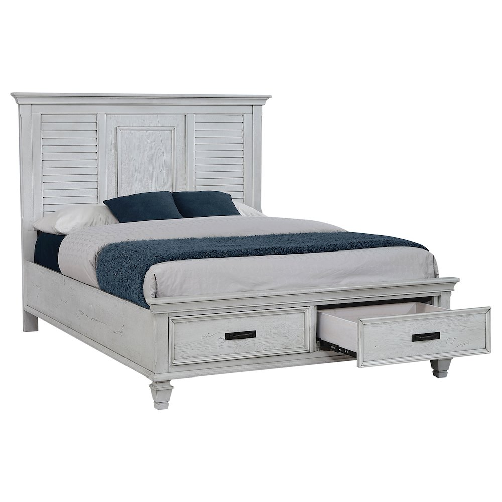 Buy farmhouse furniture Franco Distressed White Wood Mediterranean Farmhouse King Storage Panel Bed Frame - Modern Cottage Farmhouse Furniture
