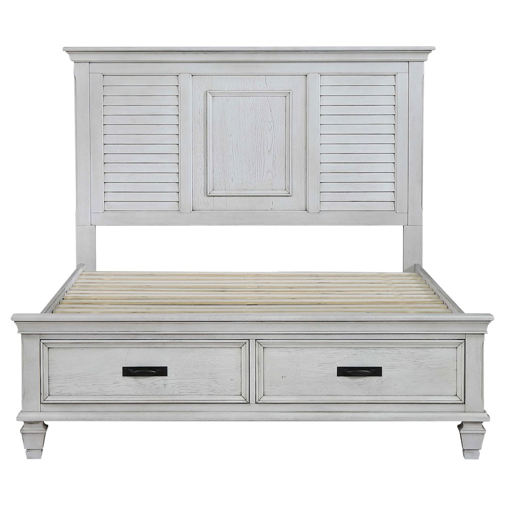 Buy farmhouse furniture Franco Distressed White Wood Mediterranean Farmhouse King Storage Panel Bed Frame - Modern Cottage Farmhouse Furniture