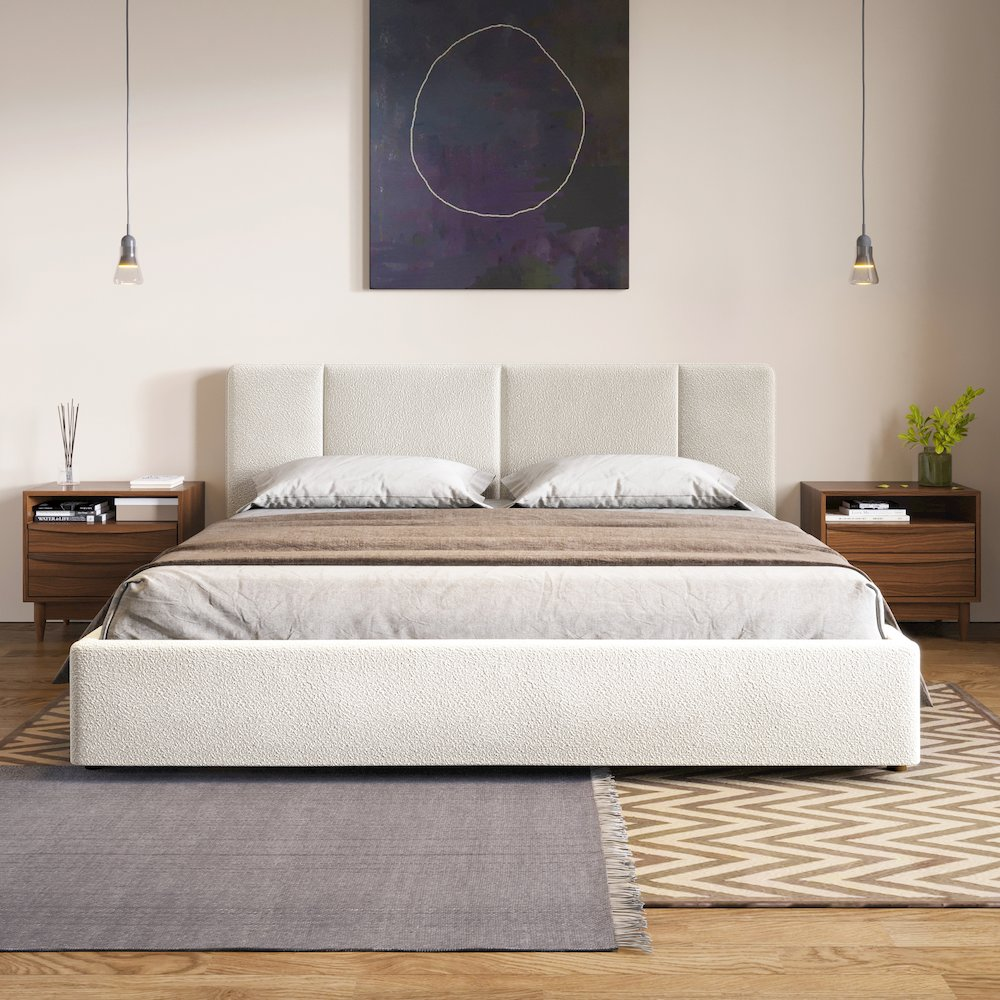 Buy farmhouse furniture Venice Upholstered Platform King Bed in Cream Beige Boucle Fabric - Modern Cottage Farmhouse Furniture