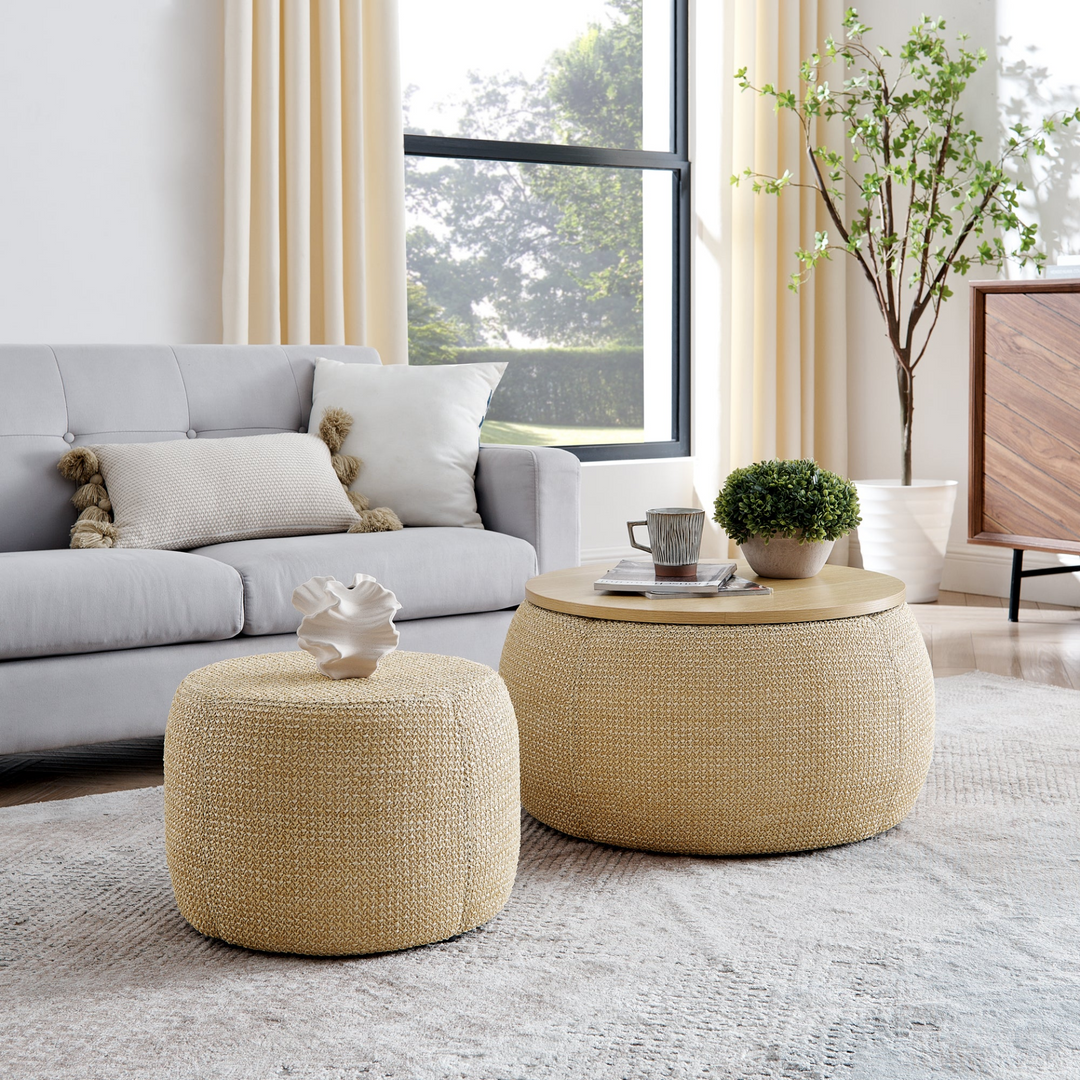 Buy farmhouse furniture Round Storage Ottoman, Woven rattan fabric Ottoman, 2 in 1 Function, Work as End table and Ottoman,with small seat-nature(25&