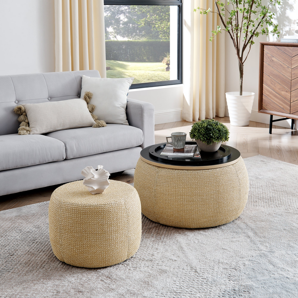 Buy farmhouse furniture Round Storage Ottoman, Woven rattan fabric Ottoman, 2 in 1 Function, Work as End table and Ottoman,with small seat-nature(25'x25'x14.7') - Modern Cottage Farmhouse Furniture