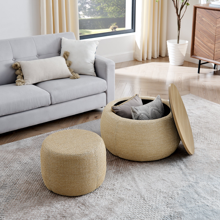 Buy farmhouse furniture Round Storage Ottoman, Woven rattan fabric Ottoman, 2 in 1 Function, Work as End table and Ottoman,with small seat-nature(25&