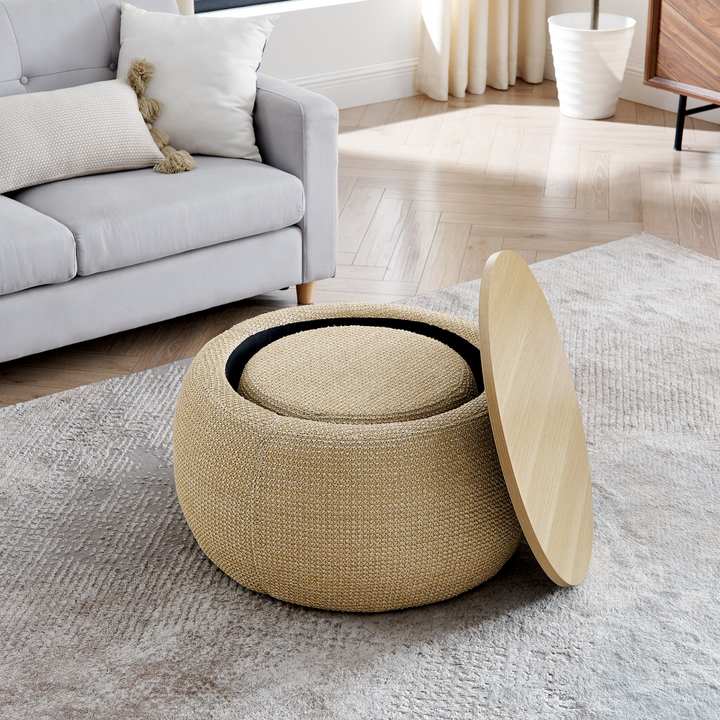 Buy farmhouse furniture Round Storage Ottoman, Woven rattan fabric Ottoman, 2 in 1 Function, Work as End table and Ottoman,with small seat-nature(25&