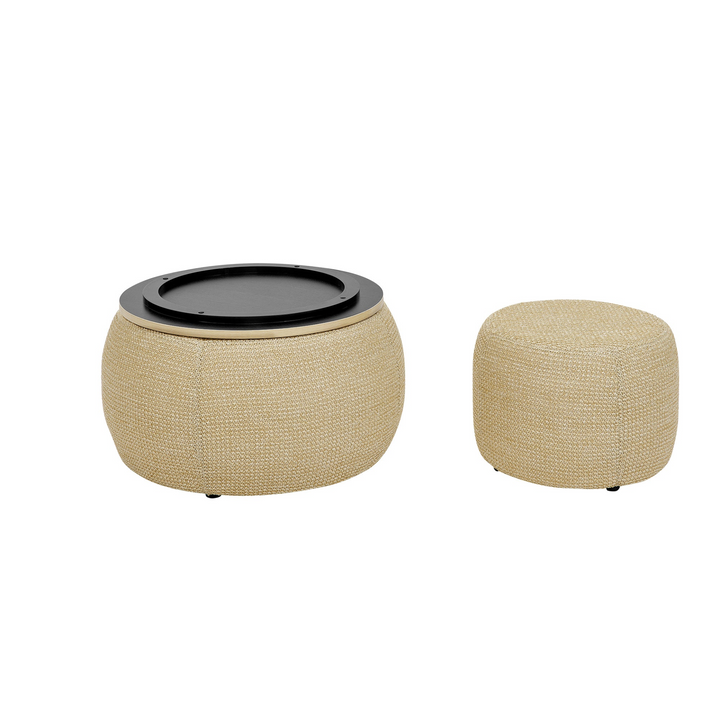 Buy farmhouse furniture Round Storage Ottoman, Woven rattan fabric Ottoman, 2 in 1 Function, Work as End table and Ottoman,with small seat-nature(25&