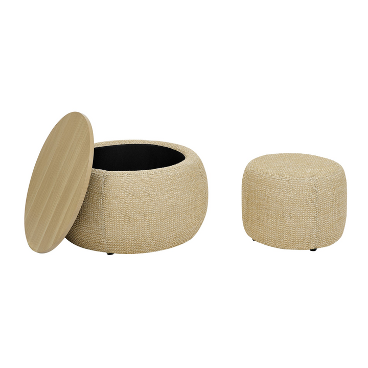 Buy farmhouse furniture Round Storage Ottoman, Woven rattan fabric Ottoman, 2 in 1 Function, Work as End table and Ottoman,with small seat-nature(25&