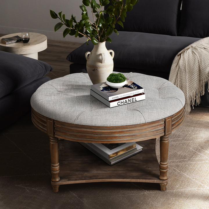 Buy farmhouse furniture Grey Tufted Ottoman Coffee Table | Farmhouse Storage Ottoman with Hidden &amp; Open Storage - Modern Cottage Farmhouse Furniture