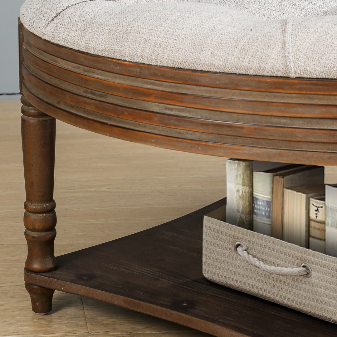 Buy farmhouse furniture Grey Tufted Ottoman Coffee Table | Farmhouse Storage Ottoman with Hidden &amp; Open Storage - Modern Cottage Farmhouse Furniture