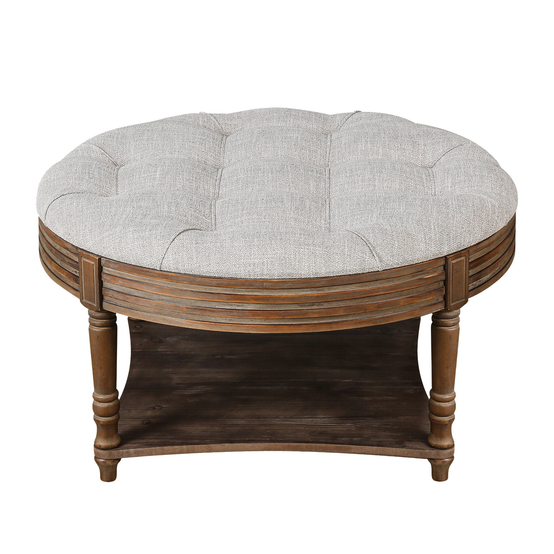 Buy farmhouse furniture Grey Tufted Ottoman Coffee Table | Farmhouse Storage Ottoman with Hidden &amp; Open Storage - Modern Cottage Farmhouse Furniture
