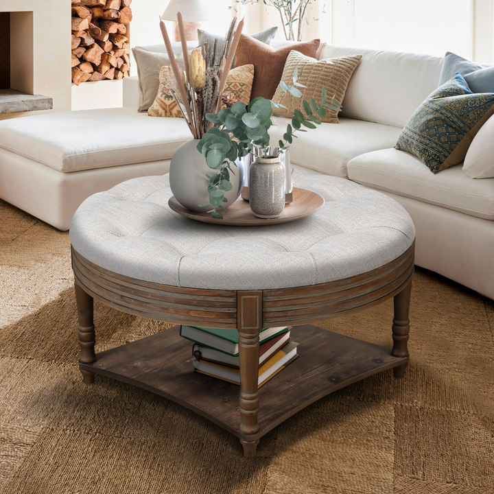 Buy farmhouse furniture Grey Tufted Ottoman Coffee Table | Farmhouse Storage Ottoman with Hidden &amp; Open Storage - Modern Cottage Farmhouse Furniture
