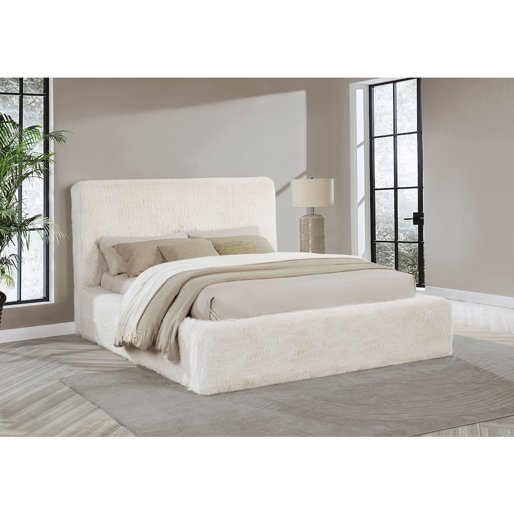 Buy farmhouse furniture Rebecca Faux Fur Upholstered Mediterranean Farmhouse Queen Bed Cream - Modern Cottage Farmhouse Furniture