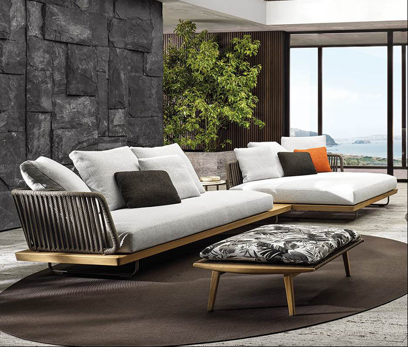 Buy farmhouse furniture Aegean Sea Teak & Rattan Outdoor Sofa | Mediterranean Coastal Indoor Outdoor Lounge - Modern Cottage Farmhouse Furniture