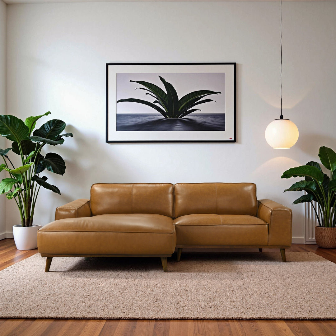 Buy farmhouse furniture The Abigail | Tan Leather Left Facing Farmhouse Sectional Sofa - Modern Cottage Farmhouse Furniture