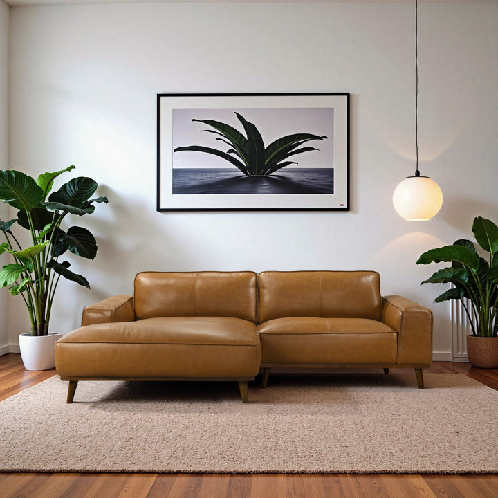 Buy farmhouse furniture The Abigail | Tan Leather Left Facing Farmhouse Sectional Sofa - Modern Cottage Farmhouse Furniture
