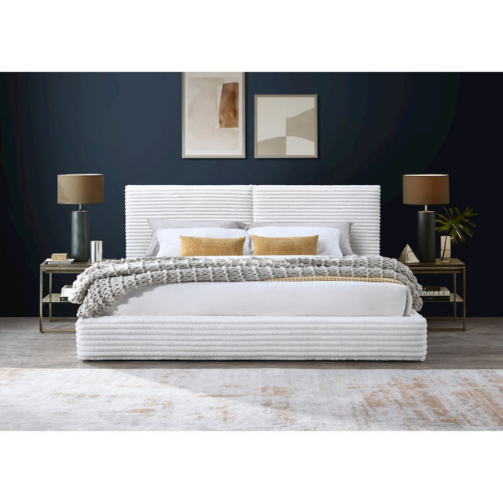 Buy farmhouse furniture Lucia Fabric Upholstered Platform King Bed in White - Modern Cottage Farmhouse Furniture