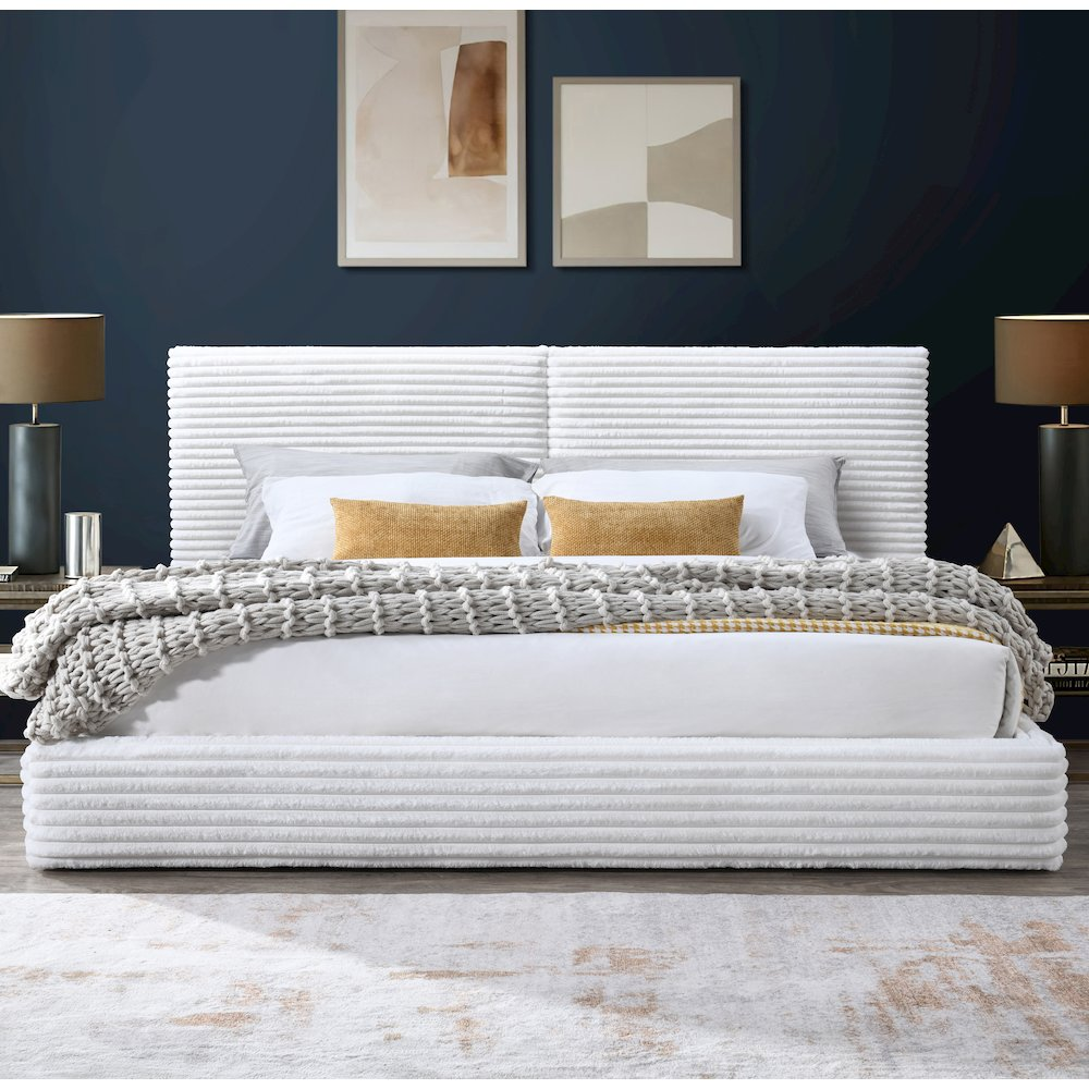 Buy farmhouse furniture Lucia Fabric Upholstered Platform King Bed in White - Modern Cottage Farmhouse Furniture