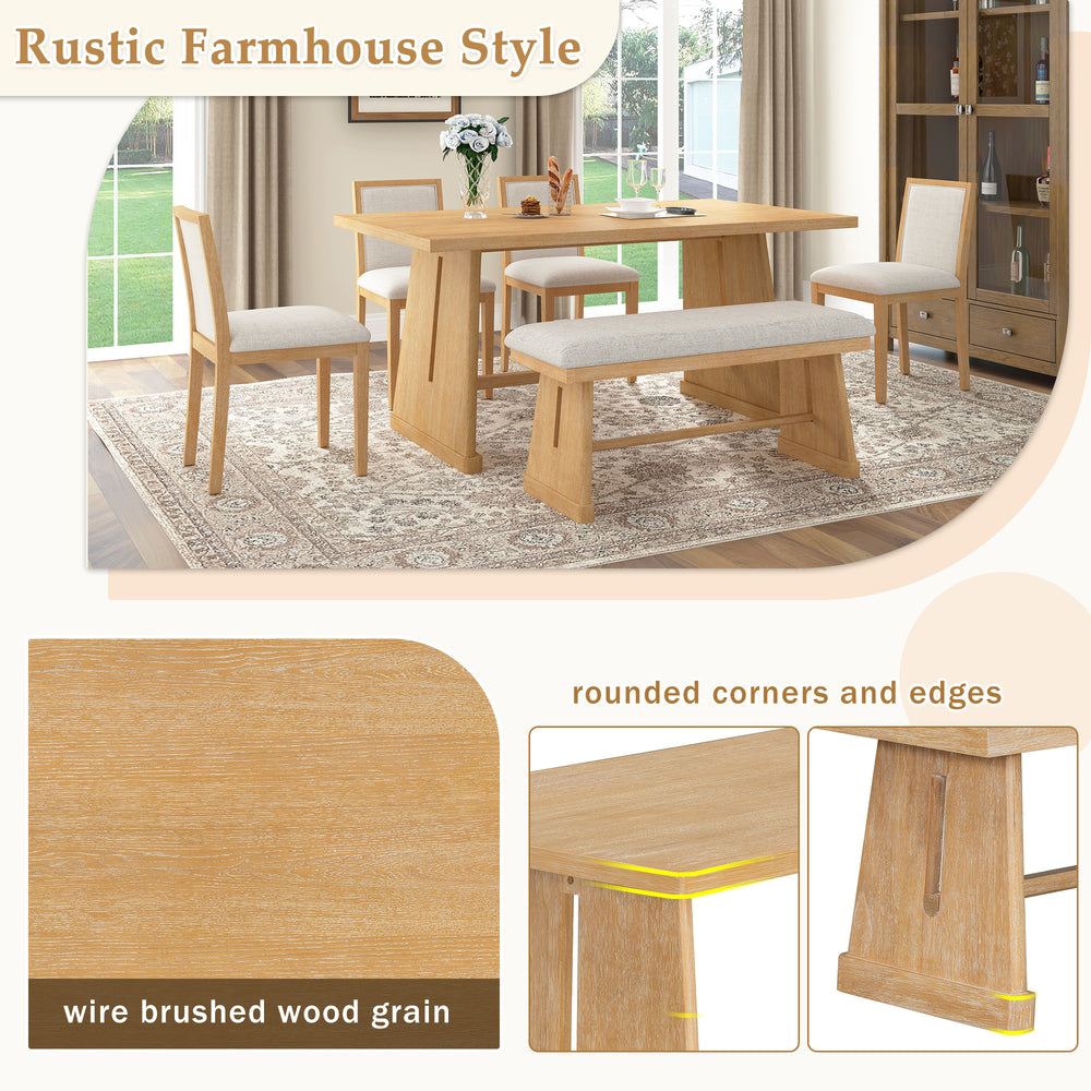 Buy farmhouse furniture Amy Farmhouse Dining Set for 6 | Wire-Brushed Wood Table, 4 Linen Chairs & Bench - Modern Cottage Farmhouse Furniture