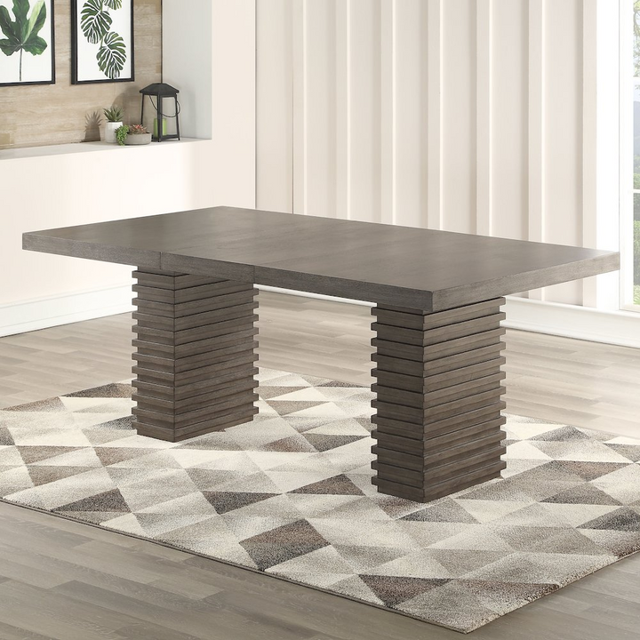 Buy farmhouse furniture Mila Dining Table - Modern Trestle Base, Washed Grey Finish, Extendable to 78" with 18" Leaf - Modern Cottage Farmhouse Furniture