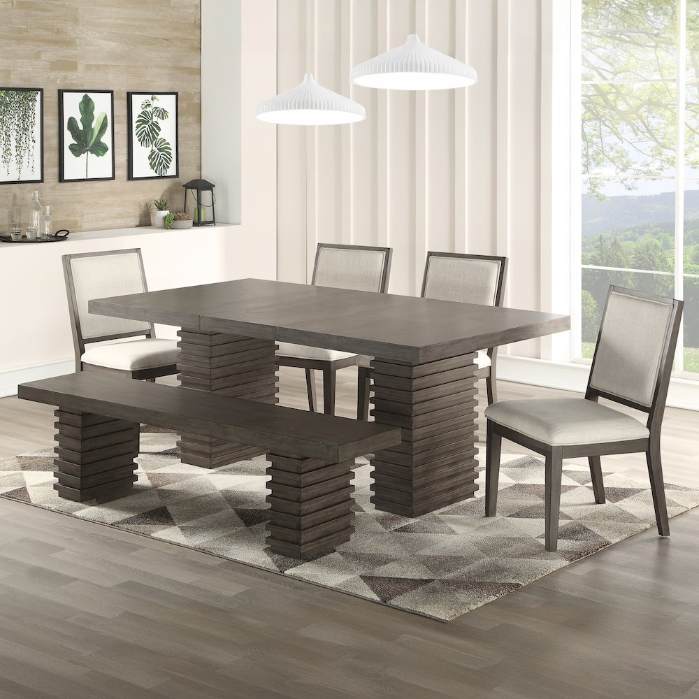 Buy farmhouse furniture Mila Dining Table - Modern Trestle Base, Washed Grey Finish, Extendable to 78" with 18" Leaf - Modern Cottage Farmhouse Furniture