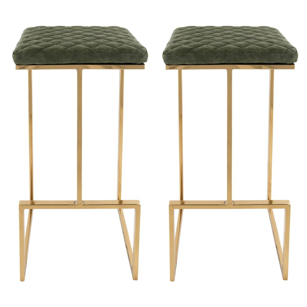 Buy farmhouse furniture The Portofino Olive Green Tuscan Leather &amp; Gold Bar Stools – Set of 2 - Modern Cottage Farmhouse Furniture