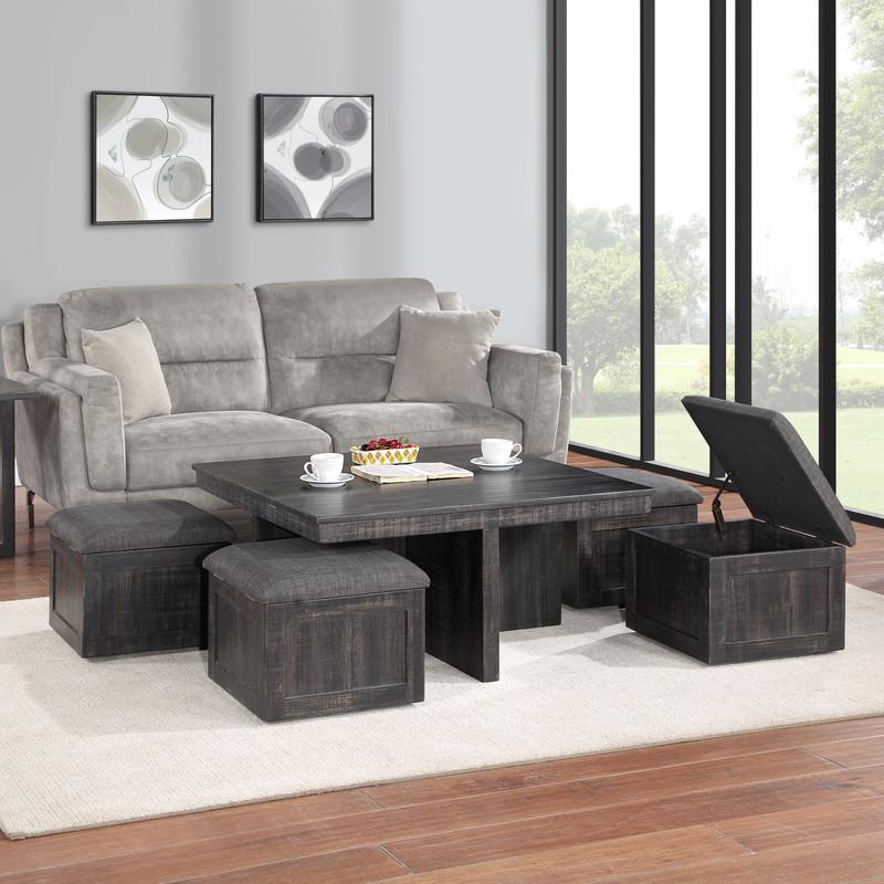 Buy farmhouse furniture Moseberg Gray Mediterranean Farmhouse Oak Coffee Table with Storage Stools - Modern Cottage Farmhouse Furniture