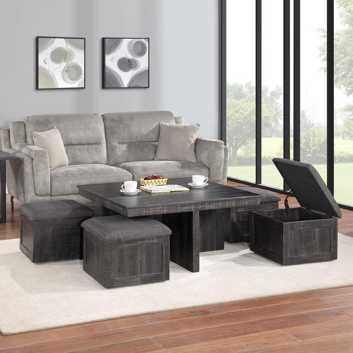 Buy farmhouse furniture Moseberg Gray Mediterranean Farmhouse Oak Coffee Table with Storage Stools - Modern Cottage Farmhouse Furniture