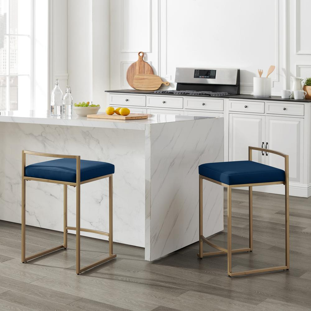 Buy farmhouse furniture The Portofino Ocean Blue Tuscan Leather &amp; Gold Bar Stools – Set of 2 - Modern Cottage Farmhouse Furniture