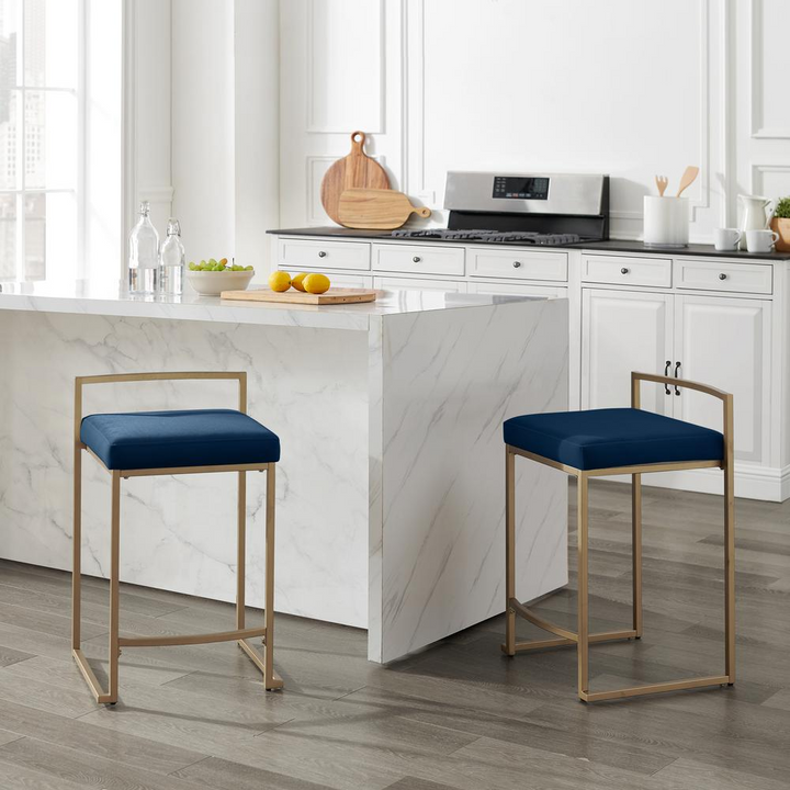 Buy farmhouse furniture The Portofino Ocean Blue Tuscan Leather &amp; Gold Bar Stools – Set of 2 - Modern Cottage Farmhouse Furniture