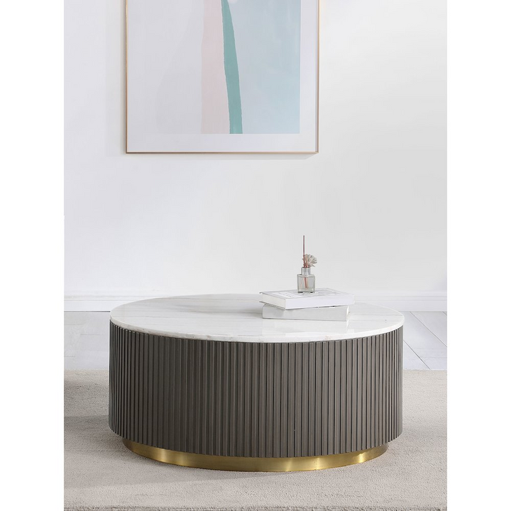 Buy farmhouse furniture Eirini Mediterranean Farmhouse Round Marble Top Coffee Table White and Charcoal - Modern Cottage Farmhouse Furniture