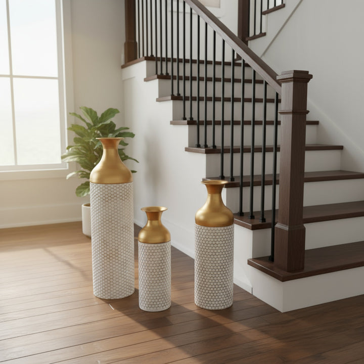 Buy farmhouse furniture Canne | Mediterranean White and Gold Honeycomb-Textured Wrought Iron Floor Vase - Modern Cottage Farmhouse Furniture