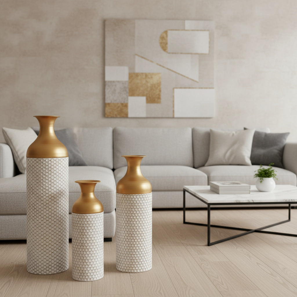 Buy farmhouse furniture Canne | Mediterranean White and Gold Honeycomb-Textured Wrought Iron Floor Vase - Modern Cottage Farmhouse Furniture