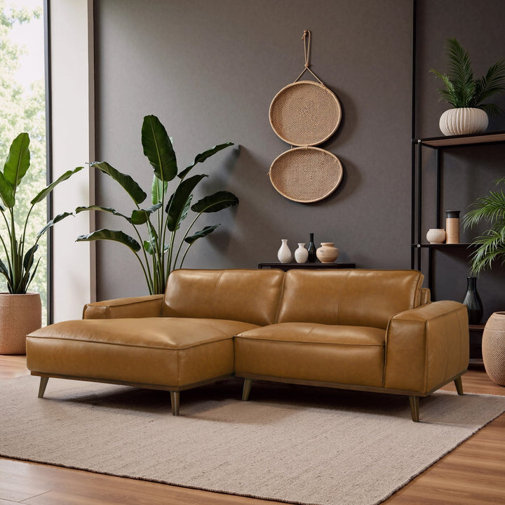 Buy farmhouse furniture The Abigail | Tan Leather Left Facing Farmhouse Sectional Sofa - Modern Cottage Farmhouse Furniture