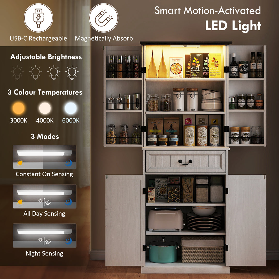 Buy farmhouse furniture Amara Farmhouse Kitchen Pantry Cabinet | Distressed White with LED Light &amp; Storage Shelves - Modern Cottage Farmhouse Furniture