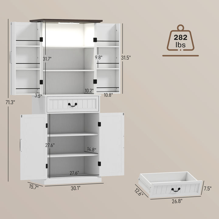 Buy farmhouse furniture Amara Farmhouse Kitchen Pantry Cabinet | Distressed White with LED Light &amp; Storage Shelves - Modern Cottage Farmhouse Furniture