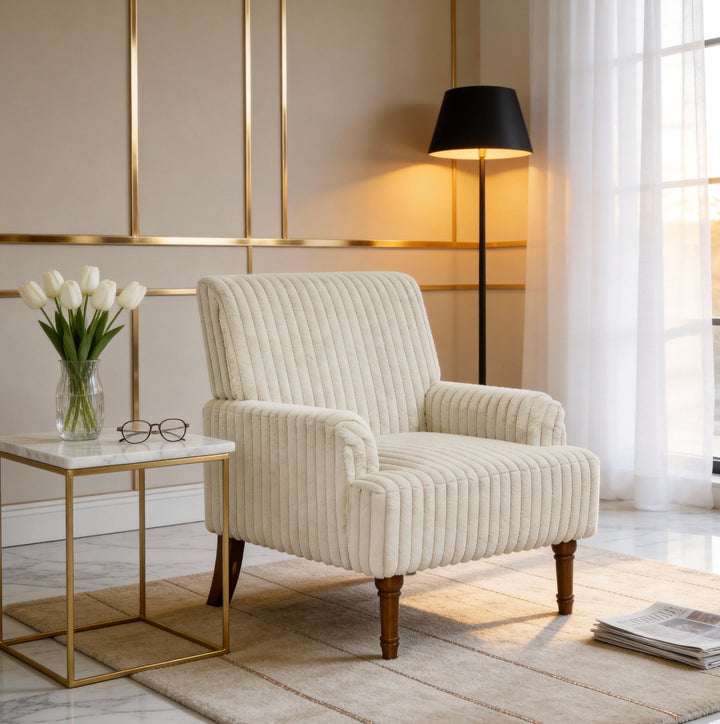 Buy farmhouse furniture Beige Corduroy Accent Chair | Wide-Wale Farmhouse Lounge Chair with Solid Wood Legs - Modern Cottage Farmhouse Furniture