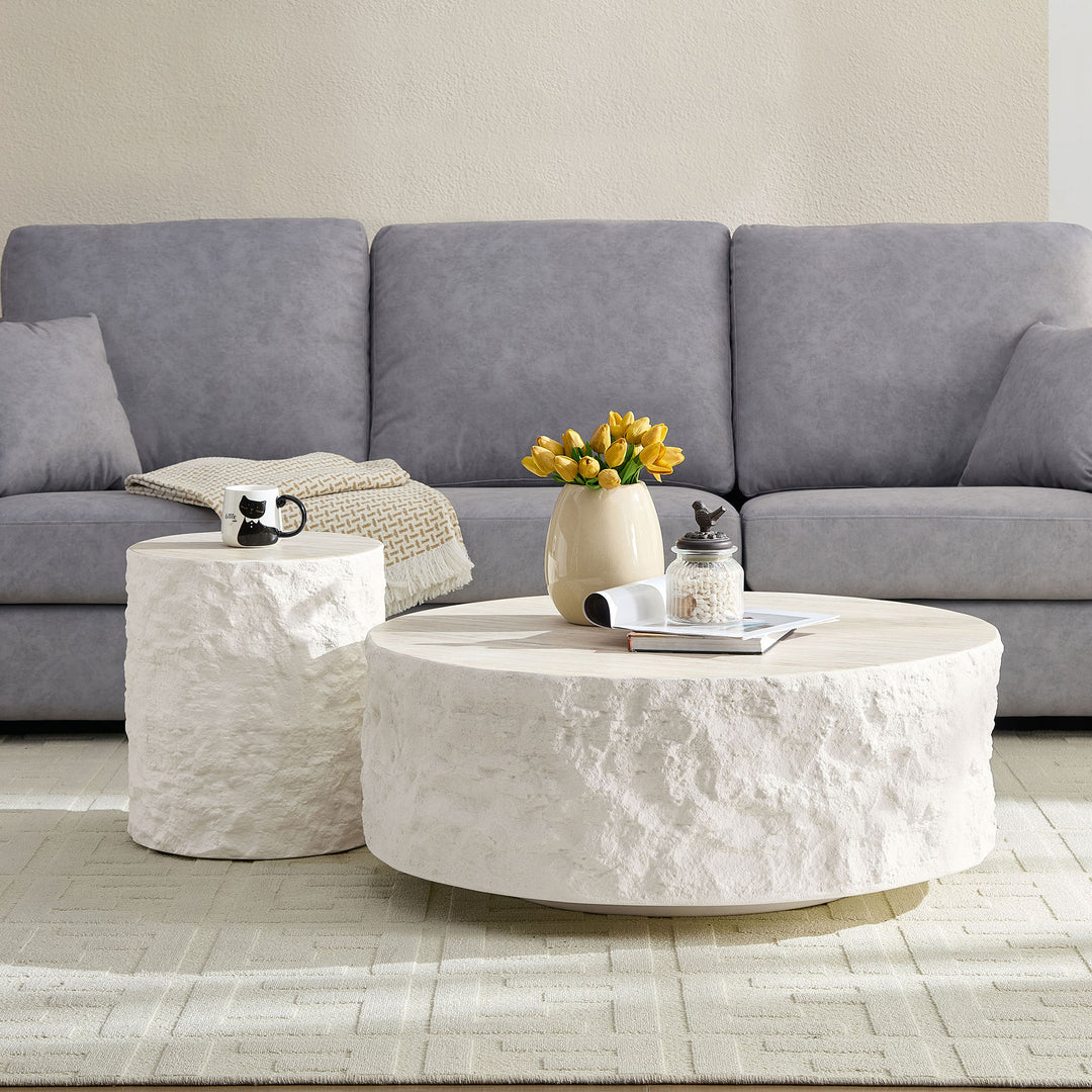Buy farmhouse furniture Helios | Circular Italian Mediterranean Limestone Artificial Coffee Table Set - Modern Cottage Farmhouse Furniture
