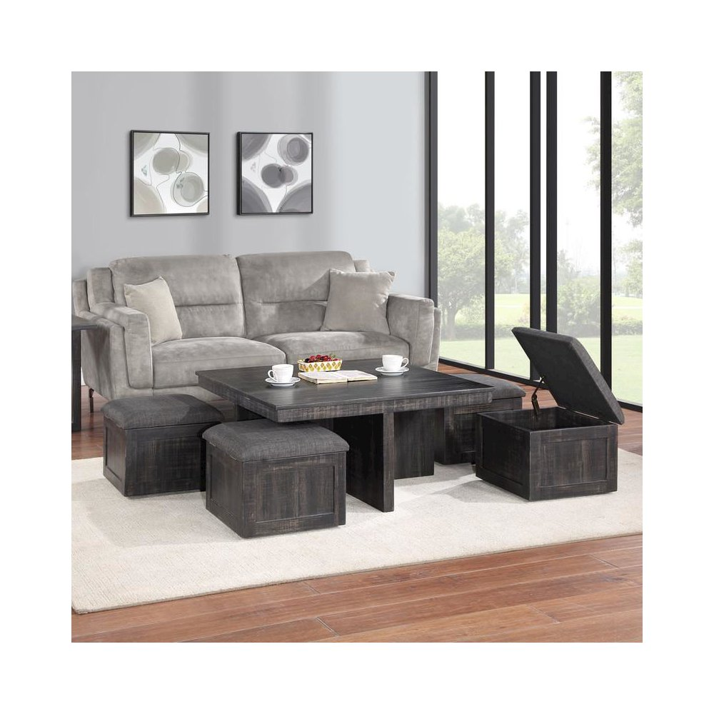 Buy farmhouse furniture Moseberg Gray Mediterranean Farmhouse Oak Coffee Table with Storage Stools - Modern Cottage Farmhouse Furniture