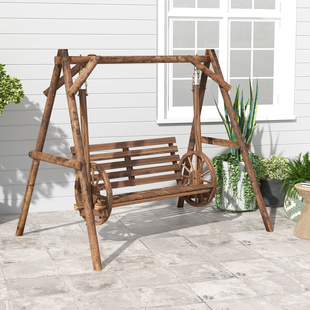 Buy farmhouse furniture Brown Farmhouse Country Wooden Log 2-Seat Porch Swing Chair Bench - Modern Cottage Farmhouse Furniture