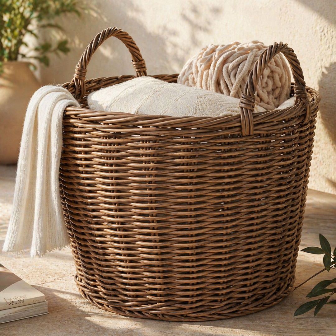 Buy farmhouse furniture Elegant Resin Wicker Storage Basket - Chocolate Brown Round Cone Design - Ideal for Organizing Clothes, Towels, and Magazines in a 16" x 16" x 14.5" Size - Modern Cottage Farmhouse Furniture