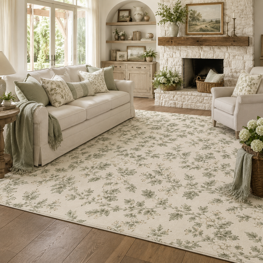 Buy farmhouse furniture Vintage Botanical Cream &amp; Sage Accent Rug - Modern Cottage Farmhouse Furniture